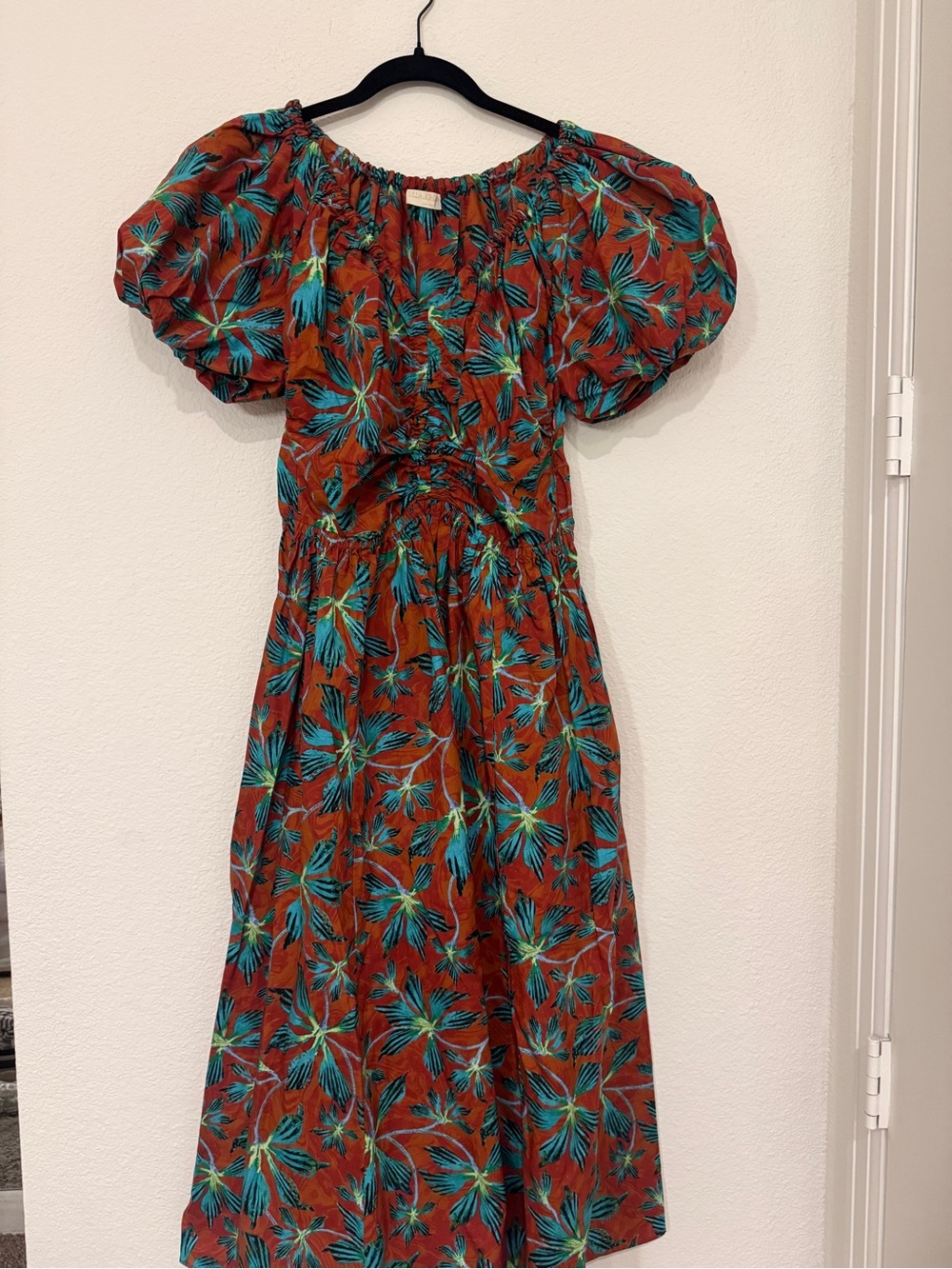 Ulla Johnson Rust Tropical Print Puff Sleeve Midi Dress - Picture 3 of 5
